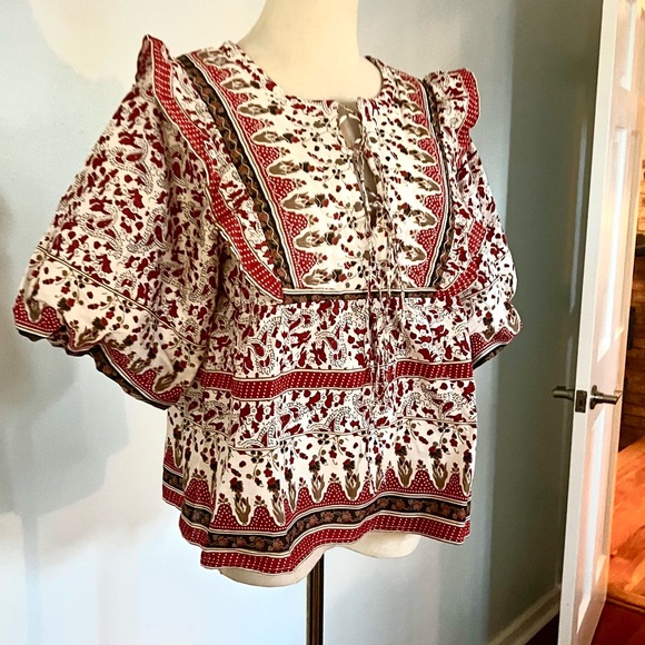 NWT,Calypso St Barth,Quilted Bib-Front Boho Folk Print Cotton Blouse,Size M - Picture 6 of 15